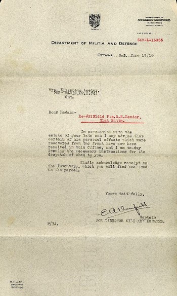 Militia and Defence letter, June 19, 1919